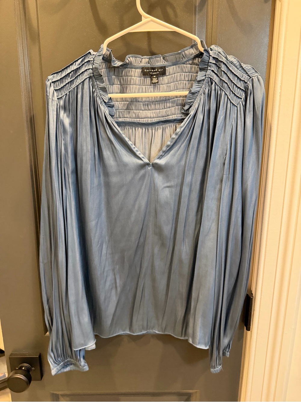 Current Air Light Blue Satin V-Neck Pleated Shoulder Blouse